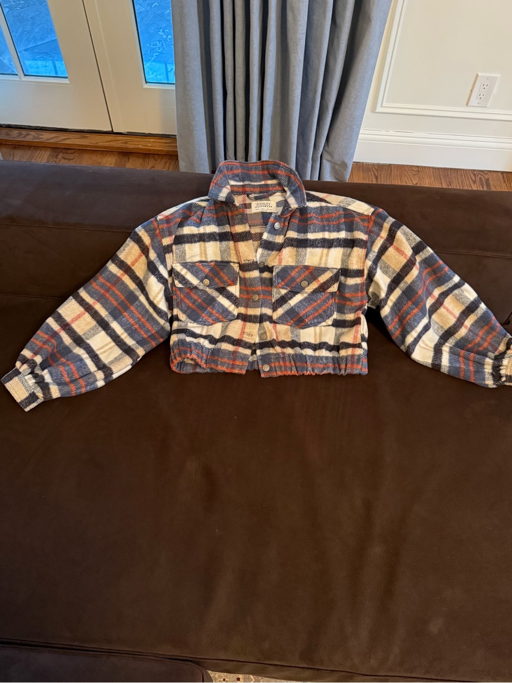 Ashley By 26 International Cropped Plaid Jacket in Blue, Orange & Cream